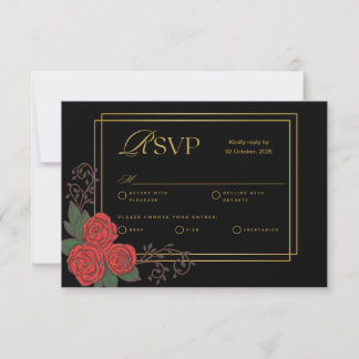 Black Gold Rote Rose Floral Wedding RSVP Card Mitteilungskarte