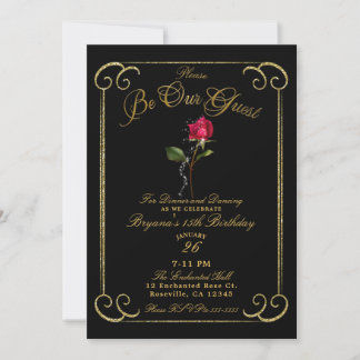 Black & Gold Rote Rose Schönheit Sweet 16 Geburtst Einladung