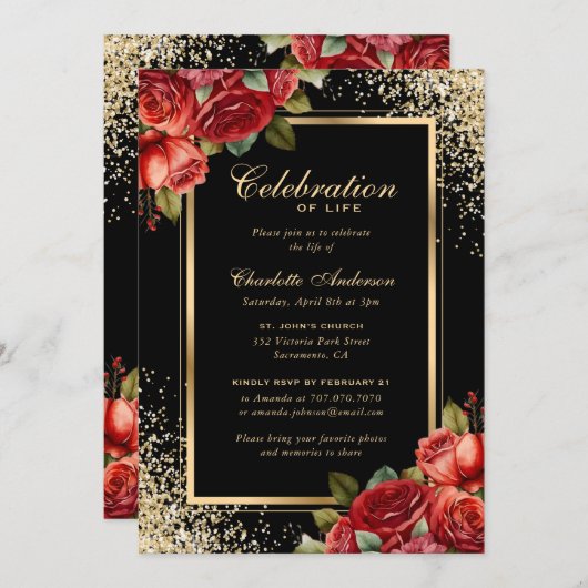 Black Gold Rote Rosen Foto Feier des Lebens Einladung (Vorne/Hinten)
