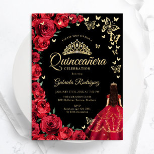 Black Gold Rote Rosen Schmetterlinge Quinceanera Einladung