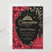 Black Gold Rote Rosen Schmetterlinge Quinceanera Einladung (Vorderseite)