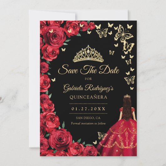 Black Gold Rote Rosen Schmetterlinge Quinceanera Save The Date (Vorderseite)