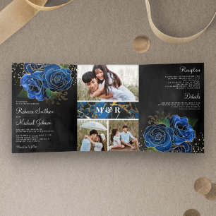 Black Gold Royal Blue Floral Foto Collage Hochzeit Dreifach Gefaltete Einladung
