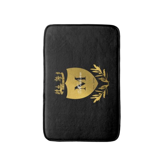 Black & Gold Royal Emblem Shield Monogram Badematte (Vorderseite Vertikal)