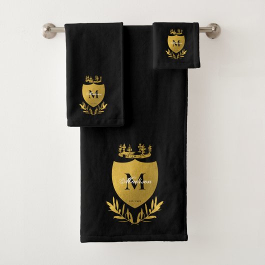 Black & Gold Royal Emblem Shield Monogram Badhandtuch Set (Insitu)