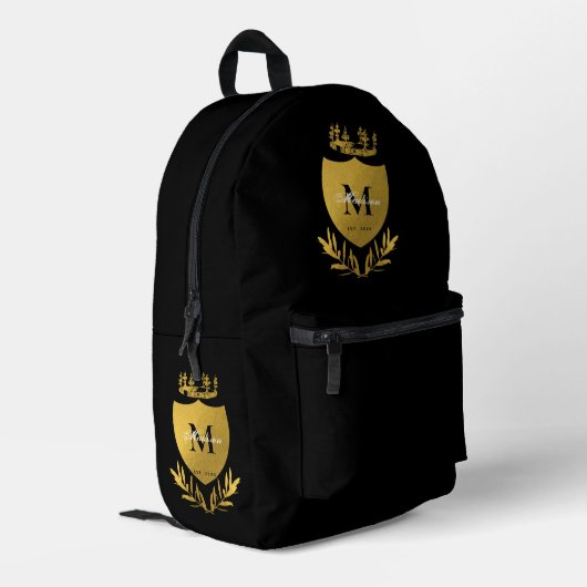 Black & Gold Royal Emblem Shield Monogram Bedruckter Rucksack (Rückseitige Ecke links)
