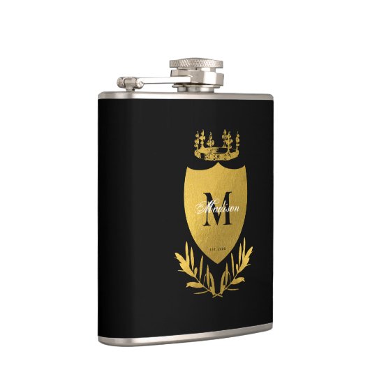 Black & Gold Royal Emblem Shield Monogram Flachmann (Rechts)