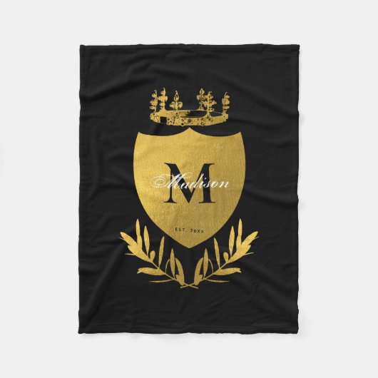 Black & Gold Royal Emblem Shield Monogram Fleecedecke (Vorderseite)