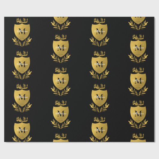 Black & Gold Royal Emblem Shield Monogram Geschenkpapier (Flach)