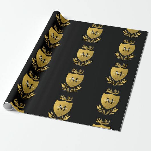 Black & Gold Royal Emblem Shield Monogram Geschenkpapier (Ungerollt)
