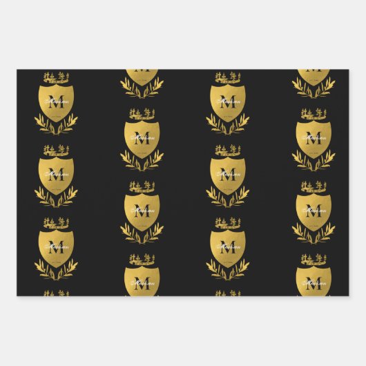 Black & Gold Royal Emblem Shield Monogram Geschenkpapier Set (Vorderseite 2)