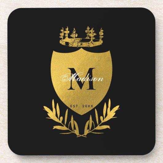Black & Gold Royal Emblem Shield Monogram Getränkeuntersetzer (Vorderseite)
