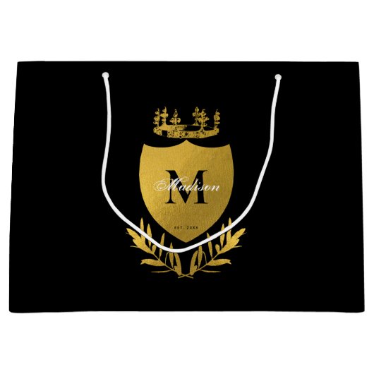 Black & Gold Royal Emblem Shield Monogram Große Geschenktüte (Vorderseite)