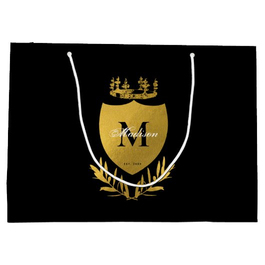 Black & Gold Royal Emblem Shield Monogram Große Geschenktüte (Rückseite)