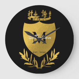 Black & Gold Royal Emblem Shield Monogram Große Wanduhr