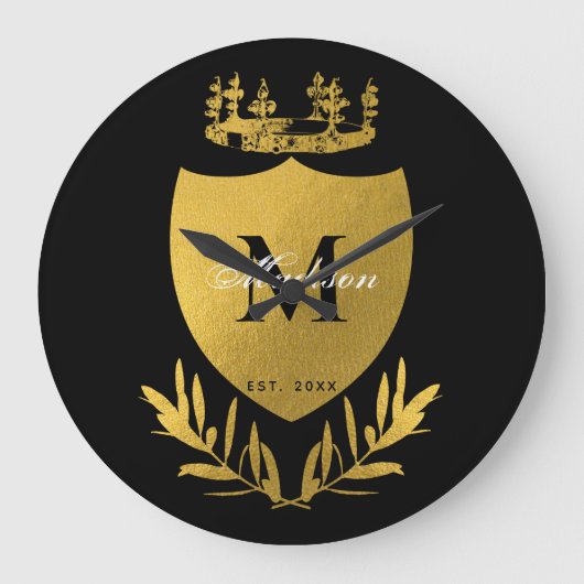 Black & Gold Royal Emblem Shield Monogram Große Wanduhr (Vorderseite)