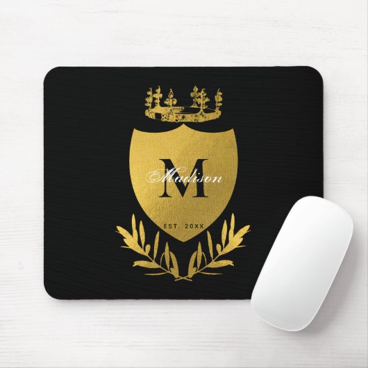 Black & Gold Royal Emblem Shield Monogram Mousepad (Mit Mouse)