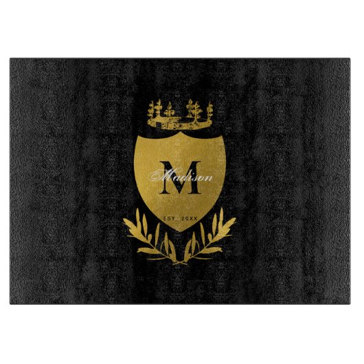 Black & Gold Royal Emblem Shield Monogram Schneidebrett (Vorderseite)