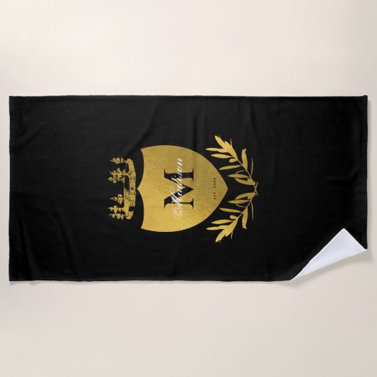 Black & Gold Royal Emblem Shield Monogram Strandtuch (Vorderseite)