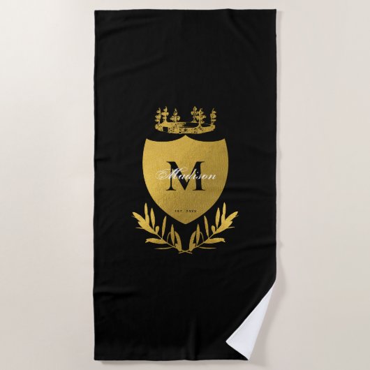 Black & Gold Royal Emblem Shield Monogram Strandtuch (Vorderseite)