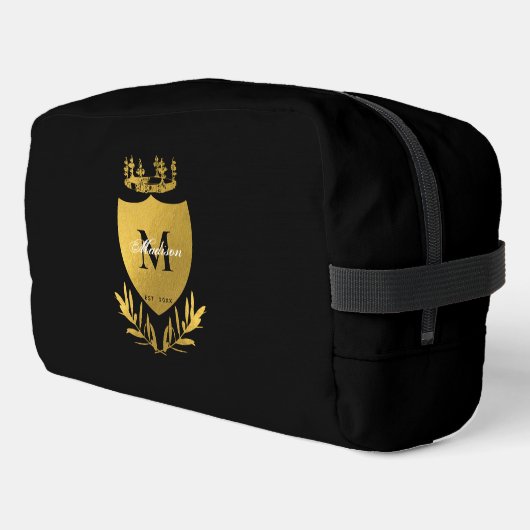 Black & Gold Royal Emblem Shield Monogram Waschbeutel (Linke Seite)