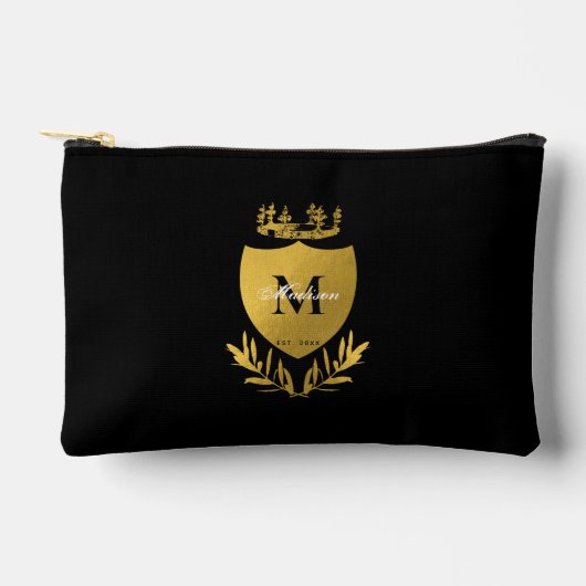 Black & Gold Royal Emblem Shield Monogram Zubehörtasche (Vorderseite)