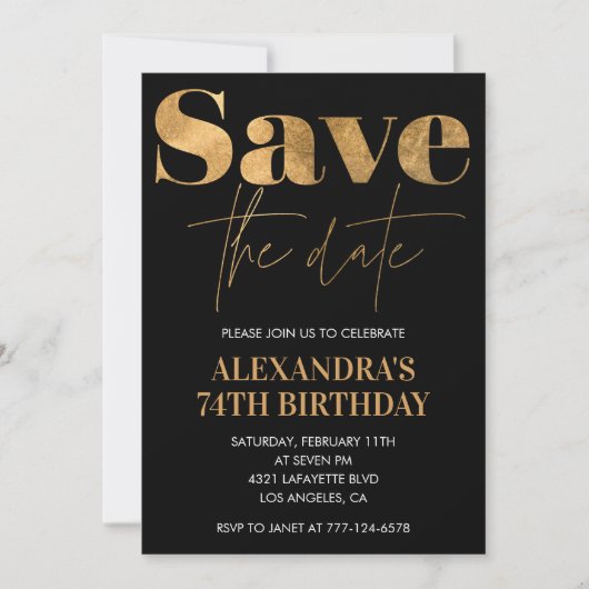 Black Gold Save the Date 74. Geburtstag Einladung (Vorderseite)