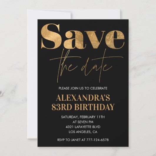 Black Gold Save the Date 83. Geburtstag Einladung (Vorderseite)