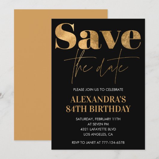 Black Gold Save the Date 84. Geburtstag Einladung (Vorne/Hinten)