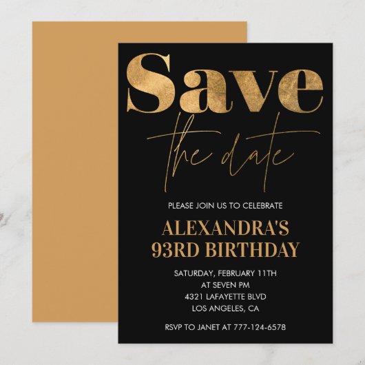 Black Gold Save the Date 93. Geburtstag Einladung (Vorne/Hinten)