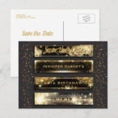 Black Gold Save the Date Elegante Geburtstagsparty Ankündigungspostkarte (Vorne/Hinten)