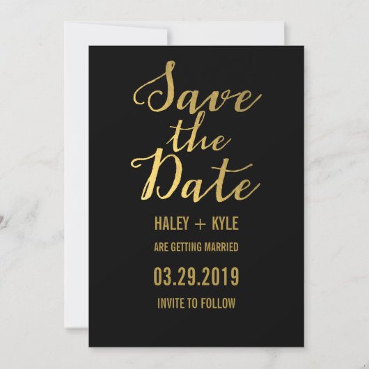Black & Gold Save the Date Typografie Einladung (Rückseite)