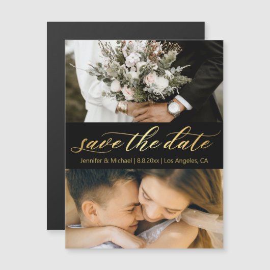 black gold script 2 photos save the date magnet (Vorne/Hinten)