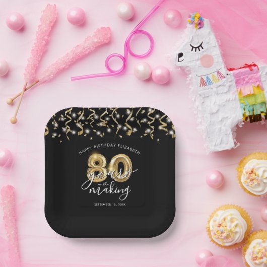 Black Gold Script Ballon Streamers zum 80. Geburts Pappteller (Party)