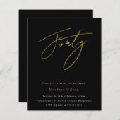 Black & Gold Script Budget 40. Geburtstag Einladun (Vorne/Hinten)