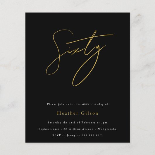 Black & Gold Script Budget 60. Geburtstag Einladun (Vorderseite)
