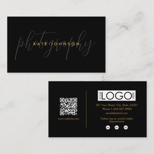 Black Gold Script Calligraphy Signature QR Code Visitenkarte (Vorne/Hinten)