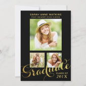 Black Gold Script Drei Foto Abschluss Einladung (Vorderseite)