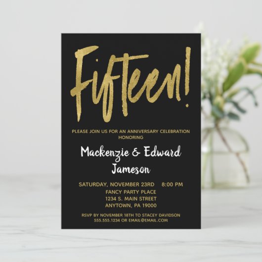 Black Gold Script Einladung zum 15-jährigen Jubilä (Stehend Vorderseite)