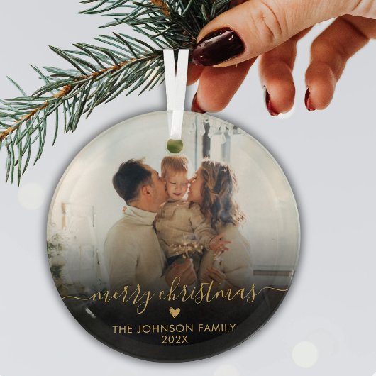 Black Gold Script Family Foto Frohe Weihnachten Ornament Aus Glas