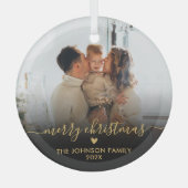 Black Gold Script Family Foto Frohe Weihnachten Ornament Aus Glas (Vorderseite)
