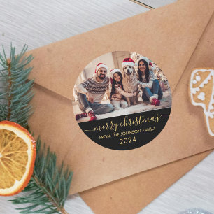 Black Gold Script Family Foto Frohe Weihnachten Runder Aufkleber