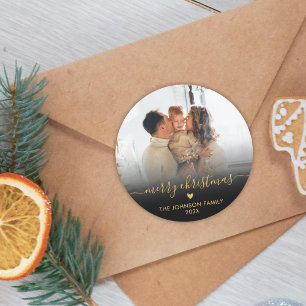 Black Gold Script Family Foto Frohe Weihnachten Runder Aufkleber