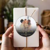 Black Gold Script Family Foto Frohe Weihnachten Runder Aufkleber