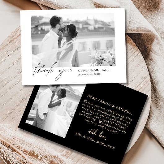 Black & Gold Script Foto Hochzeit Dankeschön Karte
