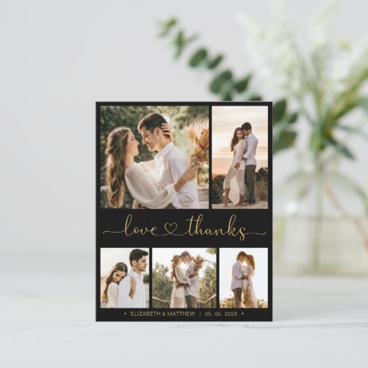 Black Gold Script Hochzeit Danke Karte (Stehend Vorderseite)