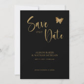 Black & Gold Script mit Glitzer Butterfly Wedding Save The Date (Vorderseite)