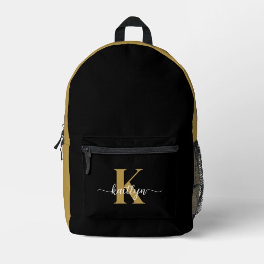 Black Gold Script Monogram Bedruckter Rucksack (Vorderseite)