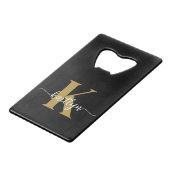 Black Gold Script Monogram Geldbeutel Flaschenöffner (Vorderseite Schrägansicht)