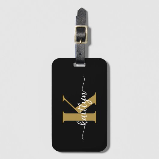 Black Gold Script Monogram Gepäckanhänger (Vorderseite Vertikal)